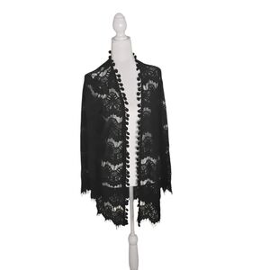 Loveriche Women's M Black Lace Pom Poms Open Front Long Sleeve Swim Cover-Up